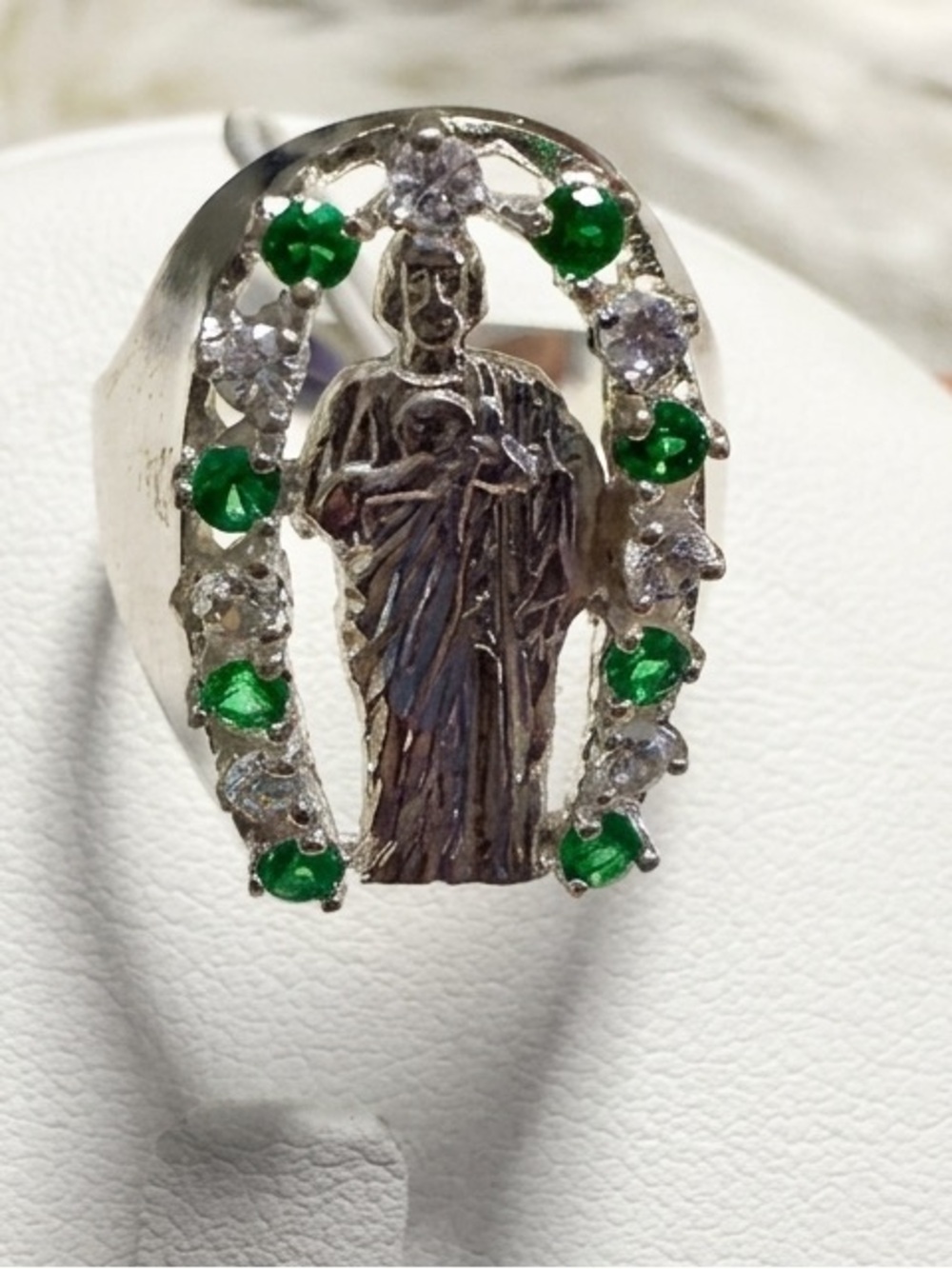 925 Sterling Silver San Judas Tadeo Horseshoe Ring Green Clear CZ Saint Jude